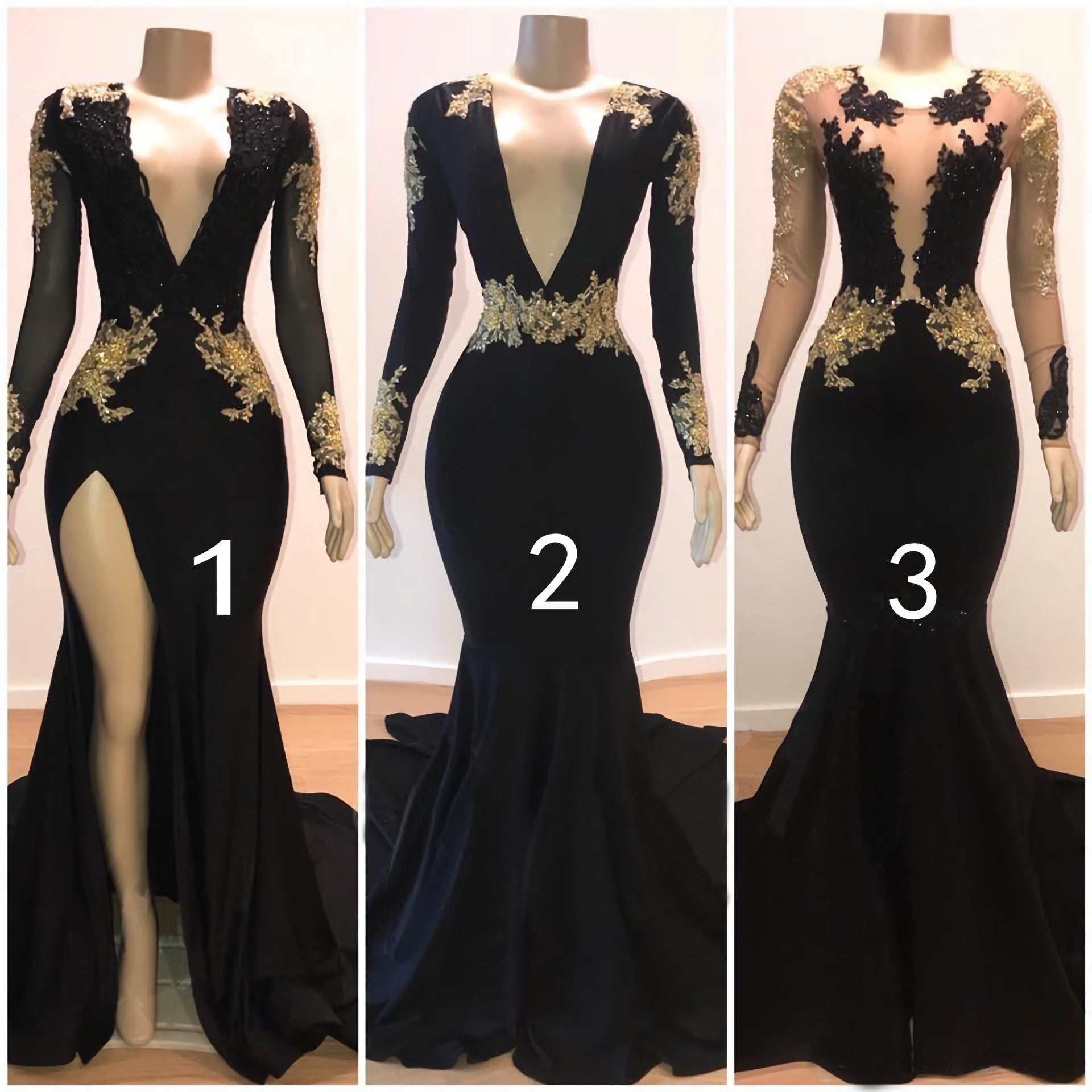 2024 Black Mermaid Long Sleeves V Neck Gold Appliques Corset Prom Dresses outfit, Formal Dresses Long Gowns
