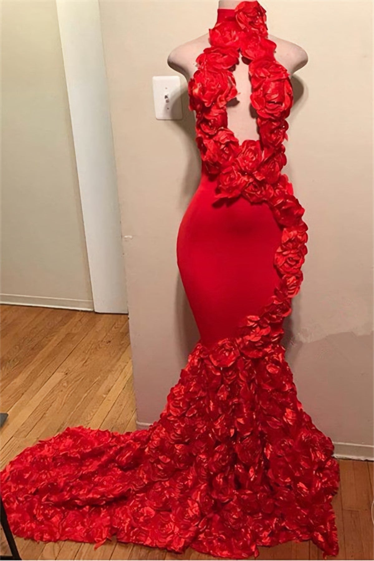 Red Mermaid High Neck Rose Open Front Backless 2024 Corset Prom Dresses outfit, Formal Dress Long Elegant