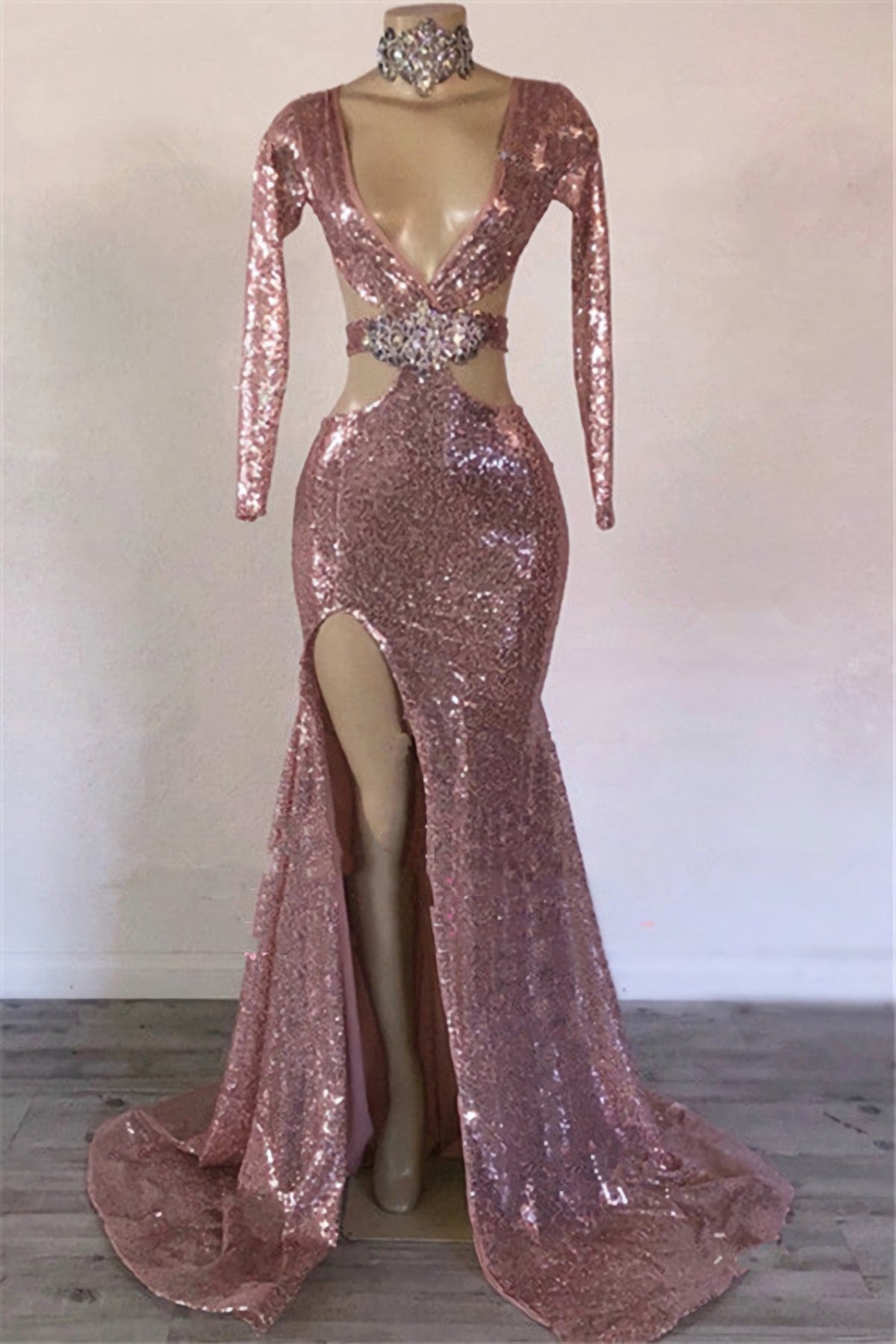 2024 Sheath Pink Hollow Out Sequence V Neck Long Sleeves Beaded Corset Prom Dresses outfit, Formal Dress Wedding