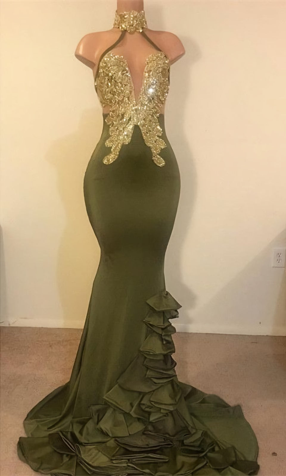 2024 New Arrival Mermaid High Neck Beaded Green Ruch Backless Corset Prom Dresses outfit, Formal Dress Store Near Me