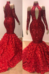 Charming Mermaid High Neck Red Long Sleeves Hollow Out Open Front Lace Corset Prom Dresses 2024 outfit, Dream Wedding