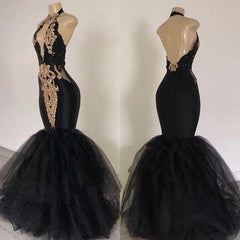2024 Sexy Corset Prom Dresses, Black Mermaid Tulle With Gold Appliques V Neck Backless outfit, Prom Dresses 2029 Cheap