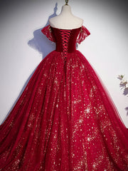 Burgundy Tulle Sequin Long Corset Prom Dress, Burgundy Tulle Corset Formal Dress outfit, Homecoming Dresses Shop