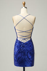 Royal Blue Sheath Lace-Up V Neck Sequins Corset Homecoming Dress outfit, Party Dresses Classy