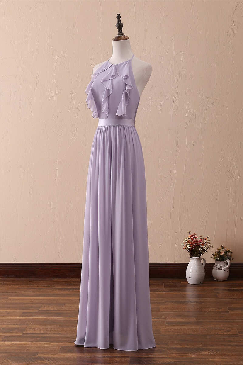 Lilac Halter Open Back Ruffled Long Corset Bridesmaid Dress outfit, Homecoming Dresses Bodycon