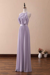 Lilac Halter Open Back Ruffled Long Corset Bridesmaid Dress outfit, Homecoming Dresses Bodycon