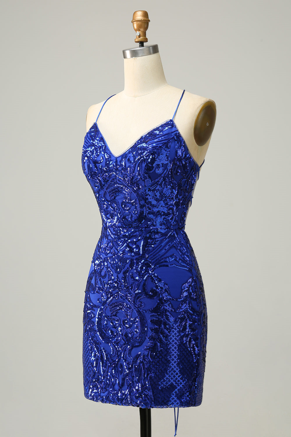 Royal Blue Sheath Lace-Up V Neck Sequins Corset Homecoming Dress outfit, Party Dressed Short