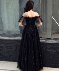 Black Tulle Off Shoulder Long Corset Prom Dress, Black Corset Formal Dress outfit, Hoco