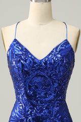 Royal Blue Sheath Lace-Up V Neck Sequins Corset Homecoming Dress outfit, Party Dress Inspo
