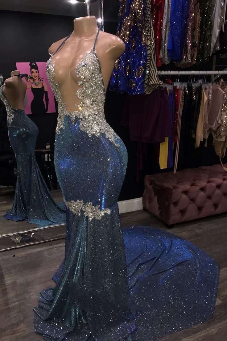 Sheath 2024 Blue Open Front Backless Long Halter Corset Prom Dress outfits, Gala Dress