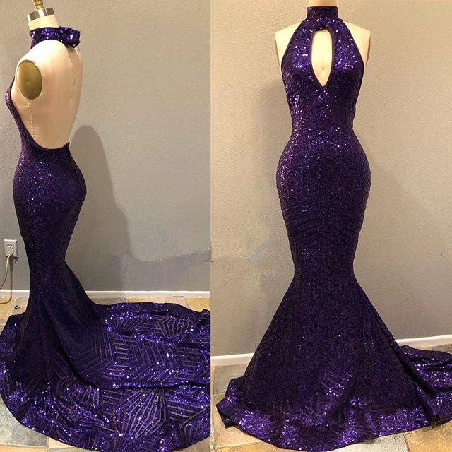 2024 Purple Sequence Mermaid Backless Long Corset Prom Dress outfits, Fall Wedding Color