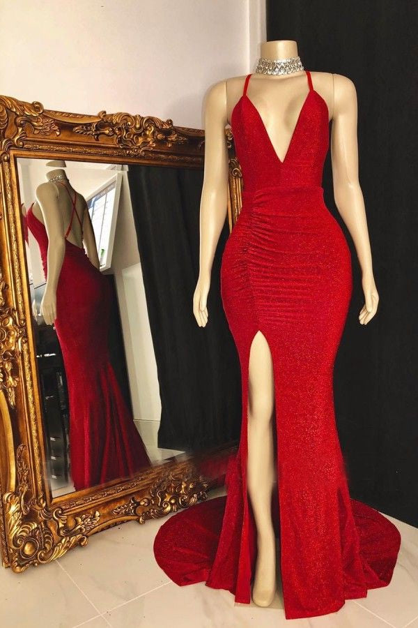 Red Side Slit Sequence V Neck Backless Long Corset Prom Dress 2024 Gowns, Elegant Prom Dress