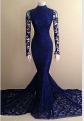 2024 Mermaid Long Sleeves Royal Blue Lace High Neck Long Corset Prom Dress outfits, Beach Wedding Dress