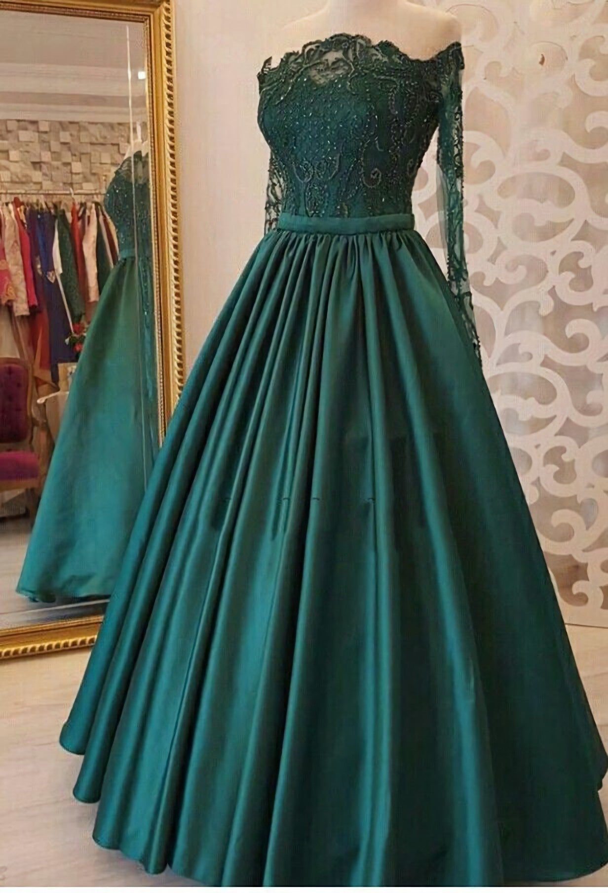 2024 A Line Dark Green Long Sleeves Off Shoulder Appliques Long Corset Prom Dresses outfit, Formal Dress Shopping