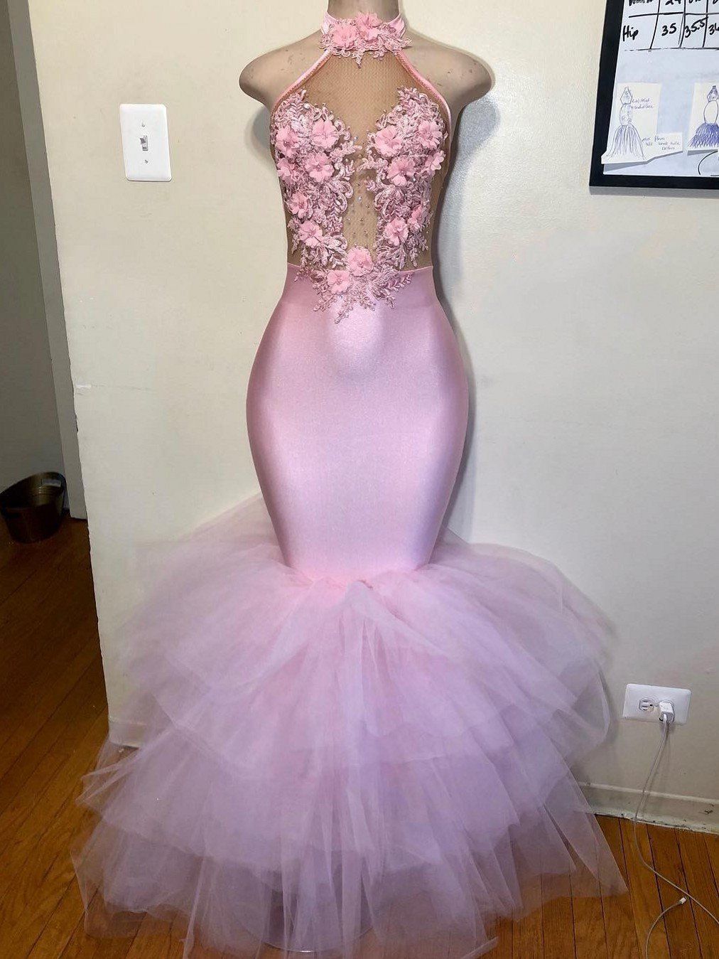 2024 Mermaid Tulle Halter Pink Floral Backless Long Corset Prom Dresses outfit, Formal Dresses For Weddings Near Me