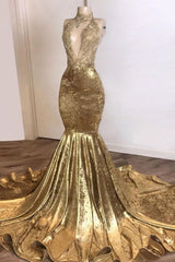 2024 Mermaid Gold Velvet High Neck V Neck Corset Prom Dresses outfit, Formal Dress Long Gowns