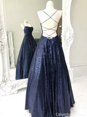 Stunning Sleeveless A Line Navy Blue Sequin Corset Prom Dresses outfit, Party Dress Man