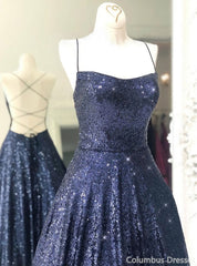 Stunning Sleeveless A Line Navy Blue Sequin Corset Prom Dresses outfit, Party Dress Boots