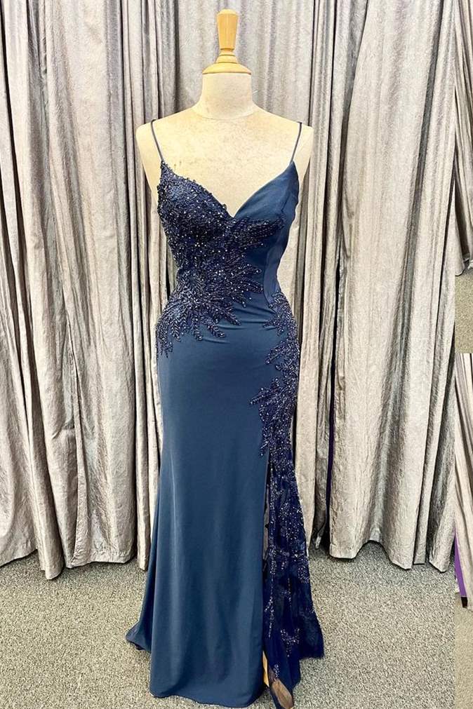 Elegant Navy Blue Long Corset Prom Dress with Lace Appliques Gowns, Wedding Inspiration