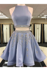 A Line 2 Pieces Beaded Satin Short Corset Homecoming Dresses, Scoop outfit, Evening Dresses Simple