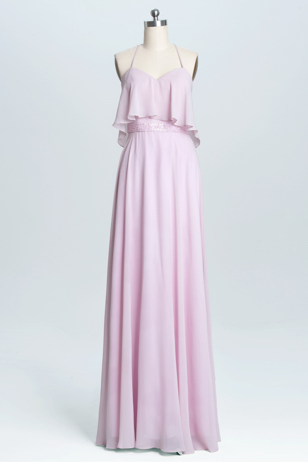 Pink Straps Flounce Chiffon A-line Long Corset Bridesmaid Dress outfit, Bridesmaid Dresses Beach Weddings