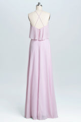 Pink Straps Flounce Chiffon A-line Long Corset Bridesmaid Dress outfit, Bridesmaids Dresses Beach Wedding