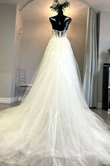 White Tulle Floral Lace Strapless A-Line Corset Wedding Dress outfit, Wedding Dress Fabrics