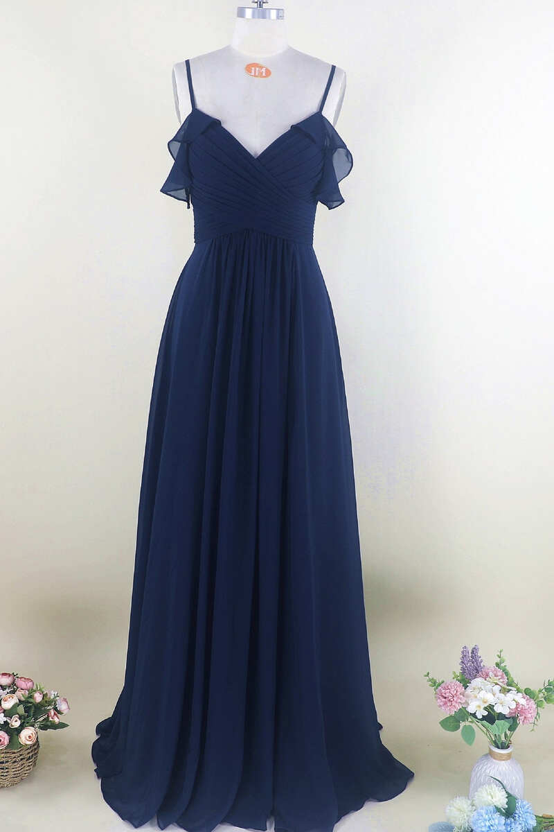 Navy Blue Chiffon Cold-Shoulder A-Line Long Corset Bridesmaid Dress outfit, Prom Dresses Prom Dress