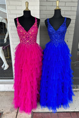 Fuchsia Layers Floral Tulle A-line Long Corset Prom Dress outfits, Homecoming
