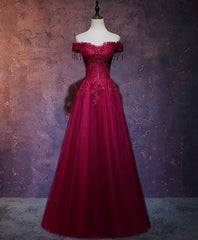 Burgundy Tulle Lace Off Shoulder Long Corset Prom Dress, Burgundy Lace Evening Dress outfit, Formal Dress Wedding