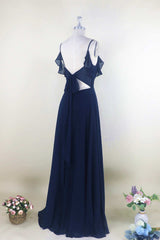 Navy Blue Chiffon Cold-Shoulder A-Line Long Corset Bridesmaid Dress outfit, Prom Dress Near Me