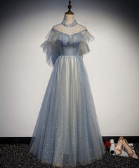 Light Blue Tulle Lace Long Corset Prom Dress, Tulle Evening Dress outfit, Evening Dresses 3 21 Sleeve