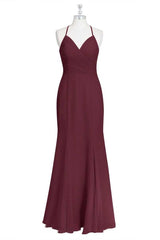 Burgundy Chiffon Cross-Back Mermaid Long Corset Bridesmaid Dress outfit, Bridesmaids Dress With Sleeves