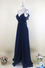 Navy Blue Chiffon Cold-Shoulder A-Line Long Corset Bridesmaid Dress outfit, Prom Dress Prom Dresses