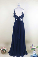 Navy Blue Chiffon Cold-Shoulder A-Line Long Corset Bridesmaid Dress outfit, Prom Dresses Near Me