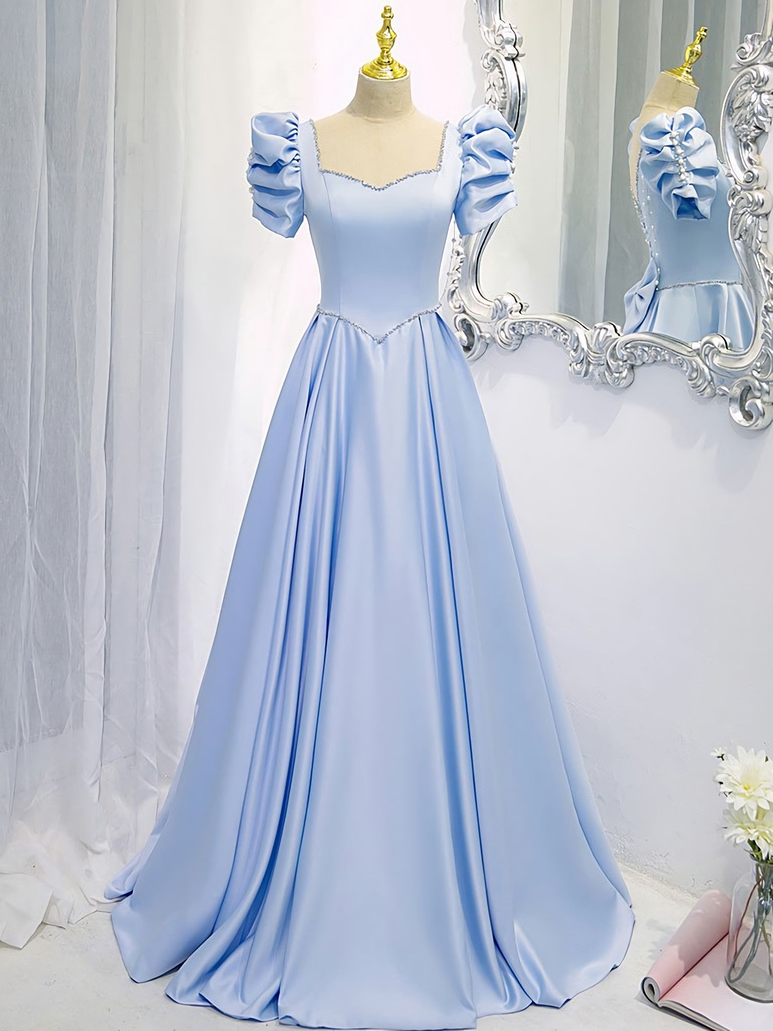 Blue Satin Backless Long Corset Prom Dress, Blue Evening Dress outfit, Prom Dress Store Near Me