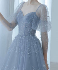 Blue V Neck Tulle Sequin Long Corset Prom Dress, Blue Tulle Corset Formal Dress, 1 Gowns, Prom Dresses Prom Dresses