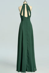 Halter Hunter Green Chiffon A-line Long Corset Bridesmaid Dress outfit, Formal Dress Elegant