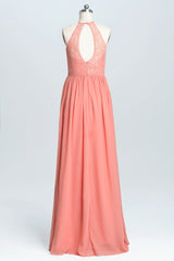 Halter Coral A-line Lace and Chiffon Long Corset Bridesmaid Dress outfit, Formal Dresses Gown