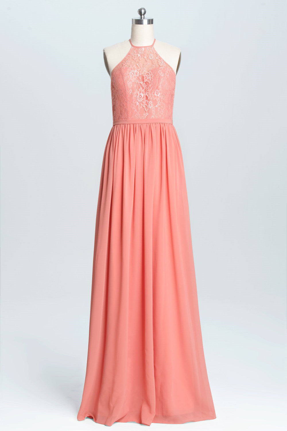 Halter Coral A-line Lace and Chiffon Long Corset Bridesmaid Dress outfit, Formal Dresses For Sale