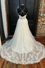 White Lace V-Neck Backless A-Line Long Corset Wedding Dress outfit, Wedsing Dress Princess