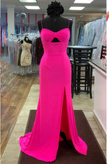 Hot Pink Beaded Keyhole Straps Mermaid Long Corset Formal Dress with Slit Gowns, Formal Dress Wear For Ladies