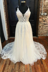 White Lace V-Neck Backless A-Line Long Corset Wedding Dress outfit, Wedding Dresses Princesses