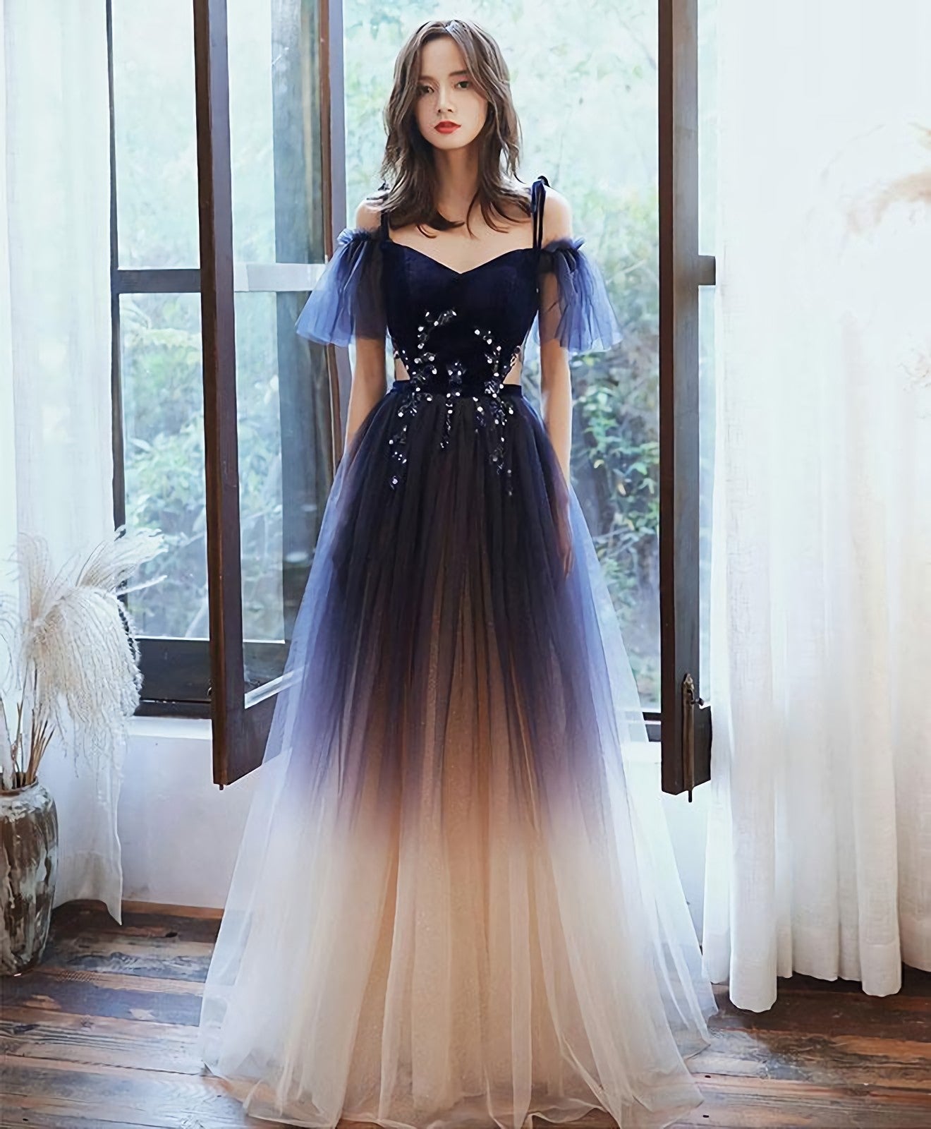 Blue Sweetheart Tulle Off Shoulder Long Corset Prom Dress, Blue Evening Dress outfit, Prom Dresses Gown