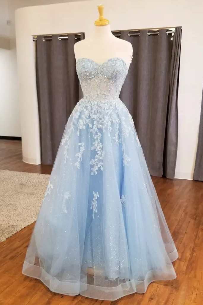 Light Blue Appliques Sweetheart A-Line Corset Prom Dress outfits, Homecomeing Dresses Long
