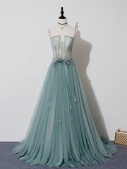 Green A Line Tulle Lace Long Corset Prom Dress, Green Tulle Corset Formal Dress outfit, Evening Dresses And Gowns