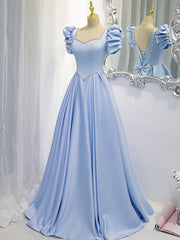 Blue Satin Backless Long Corset Prom Dress, Blue Evening Dress outfit, Prom Dresses Brands