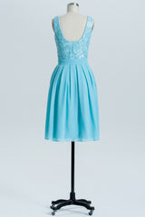 Princess Blue Lace and Chiffon Short A-line Corset Homecoming Dress outfit, Bridesmaids Dress Champagne
