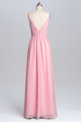 Pink Straps A-line Pleated Long Corset Bridesmaid Dress outfit, Bridesmaid Dresses Quick Shipping