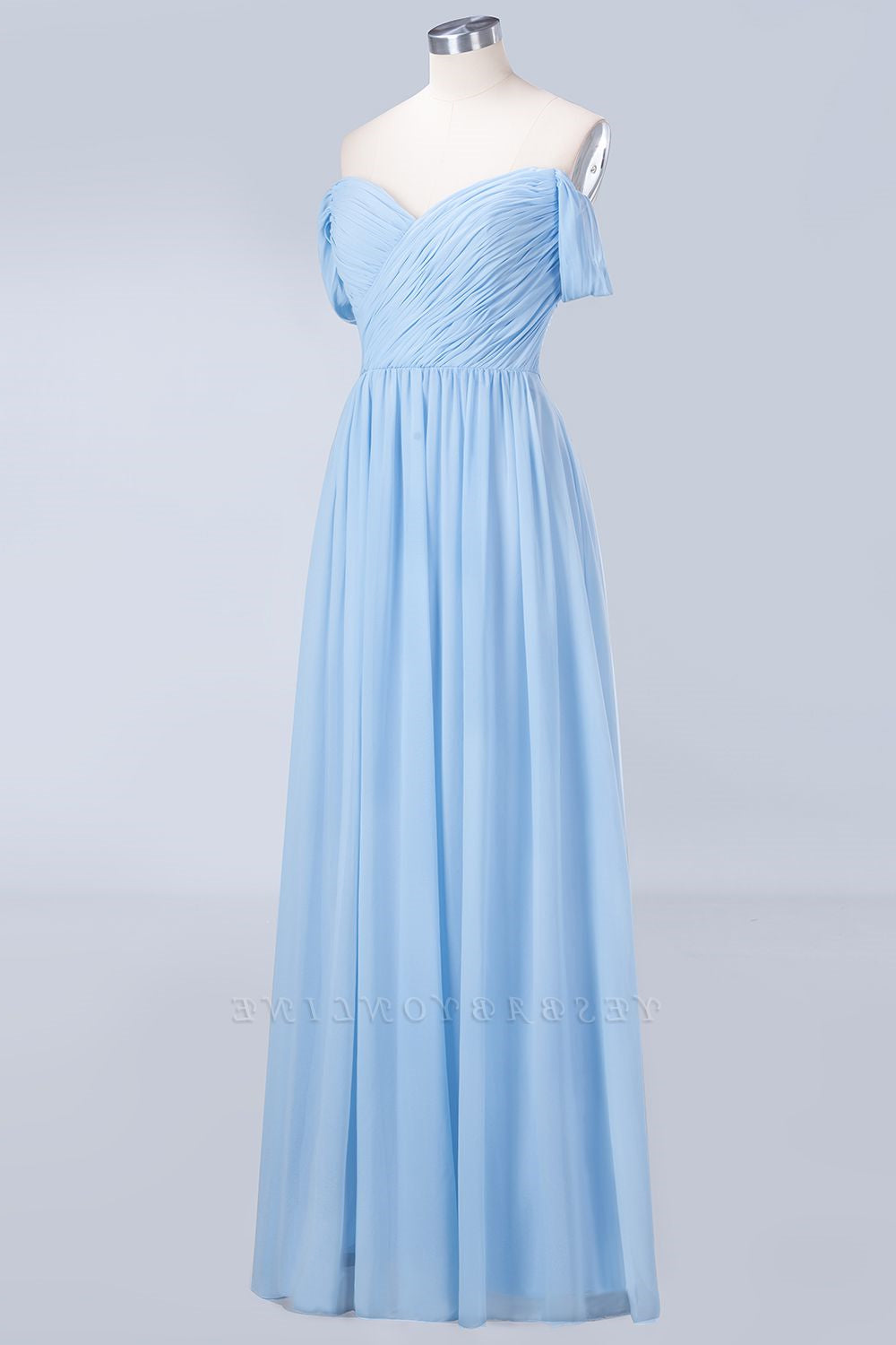 Blue Off the Shoulder Pleated Chiffon Long Corset Bridesmaid Dress outfit, Bridesmaid Dresses Sale